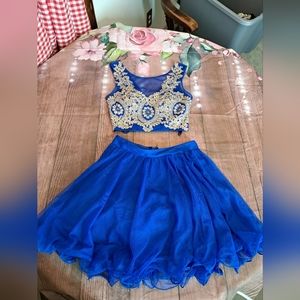 Jodi Kristopher Blue and Gold Prom Dress